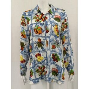 Rose + Olive Top Womens‎ Large White Blue Fruit Button Up Sheer Boho Tropical